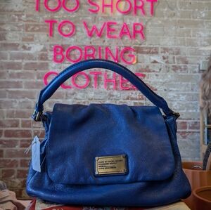 Marc Jacobs Blue Slouchy Shoulder Bag with Brass Accents